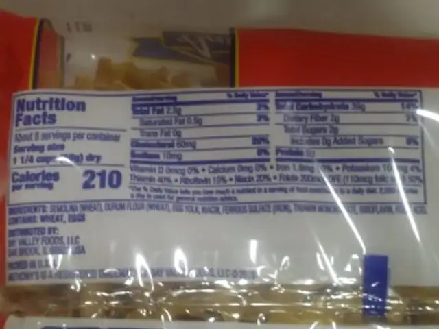 Egg noodles ingredients label