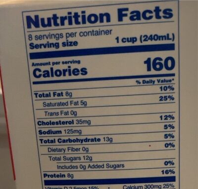 Lactose Free Whole Milk nutrition facts table