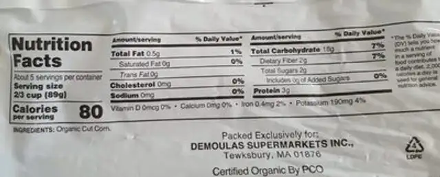 Organic cut corn nutrition facts table