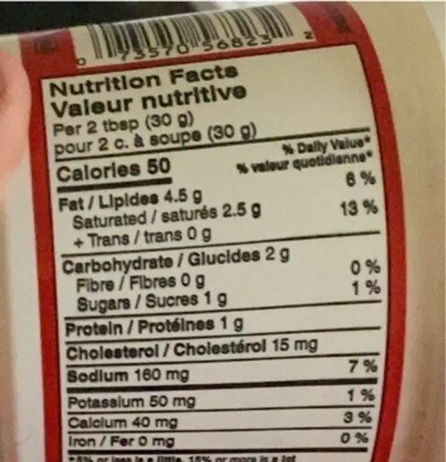 french onion Heluva Good! nutrition facts table