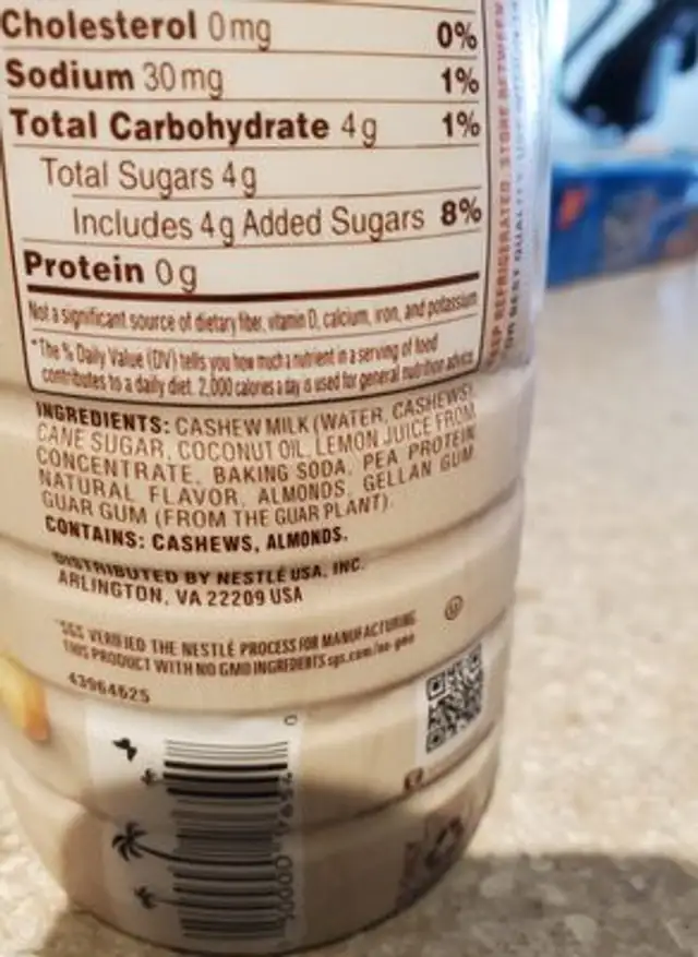 Natural Bliss Cashew Milk Creamer ingredients label