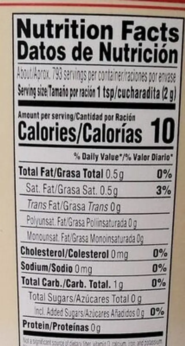Coffee mate the original nutrition facts table