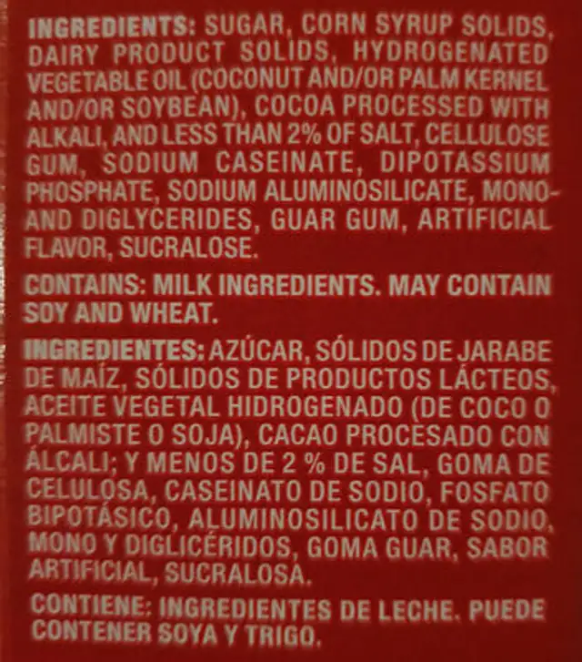 Hot cocoa mix ingredients label