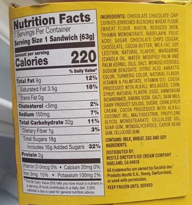 Nestlé chocolate ice cream sandwich ingredients label