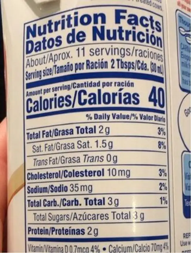Evaporated lactose free milk nutrition facts table