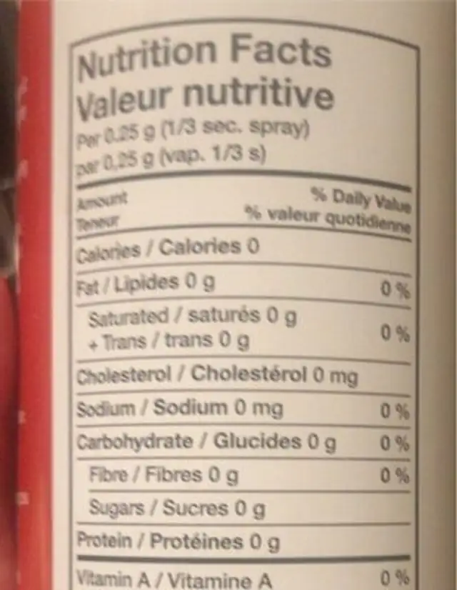 Vaporisateur anti-adhesif BBQ nutrition facts table
