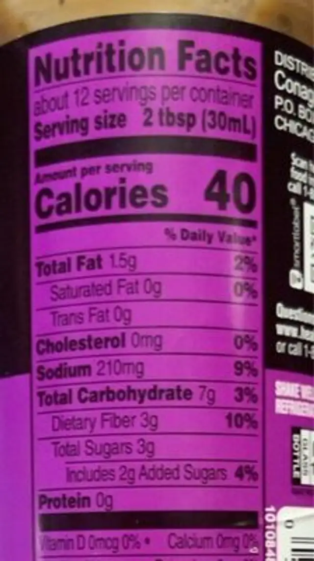 Creamy balsamic nutrition facts table