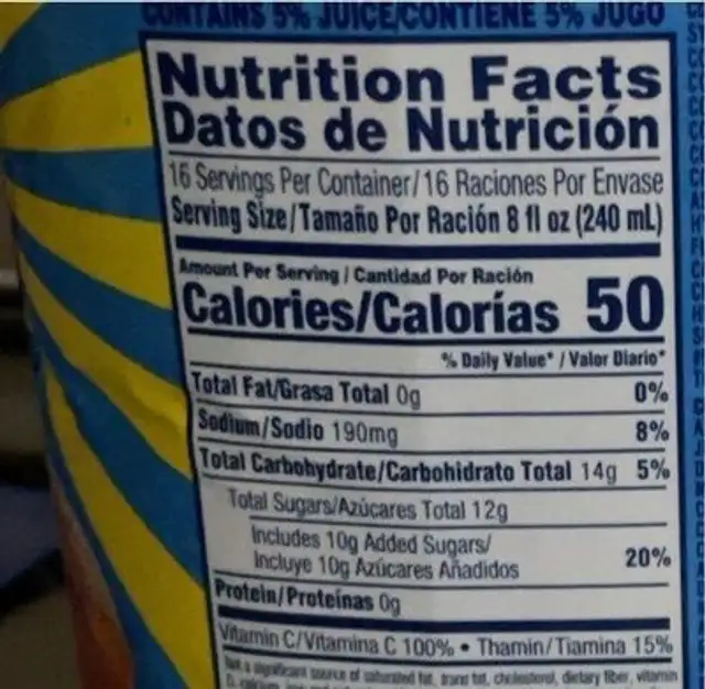 Sunny D Smooth Orange nutrition facts table