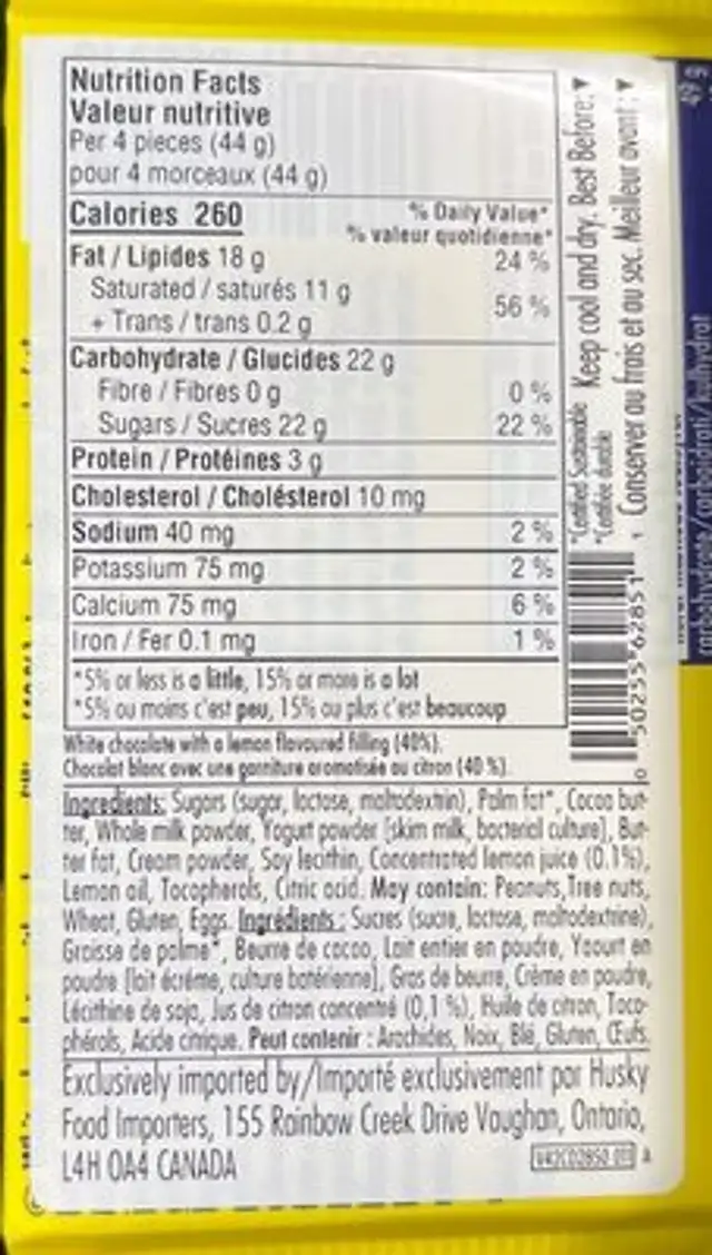 Funky White Lemon nutrition facts table