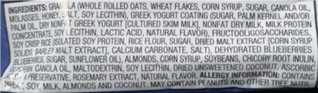 Greek yogurt and blueberry flavored granola bar nutrition facts table