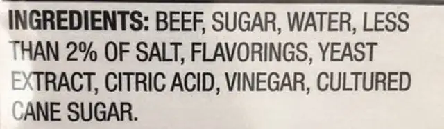 Beef Jerky Sweet & Hot ingredients label