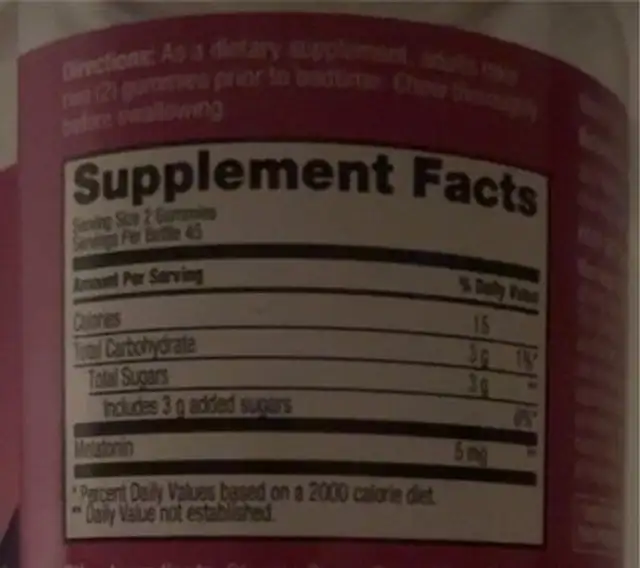 melatonin gummies nutrition facts table