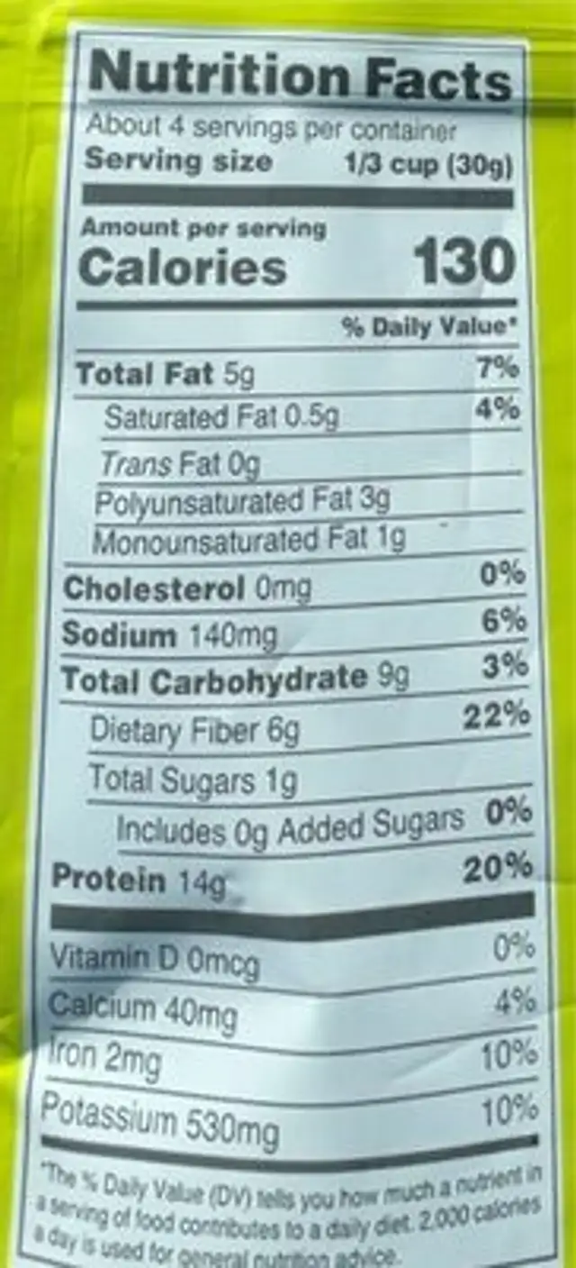 Dry Roasted Sea Salt Edamame nutrition facts table