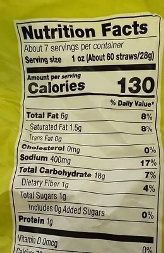 Veggie Sticks nutrition facts table
