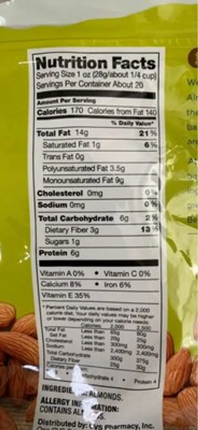 Raw Natural Almonds nutrition facts table