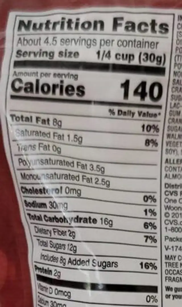Cranberry nut trail mix nutrition facts table