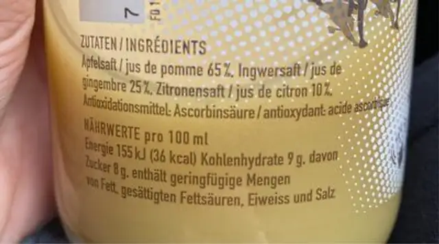 Slups nutrition facts table