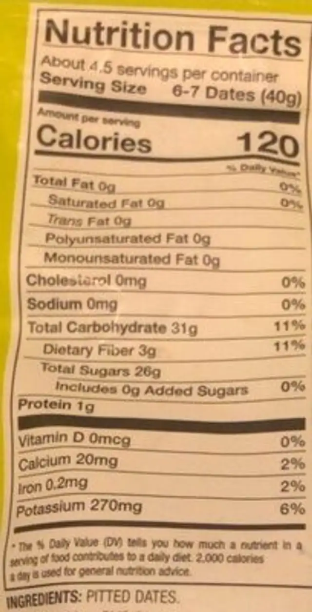 Pitted Dates nutrition facts table