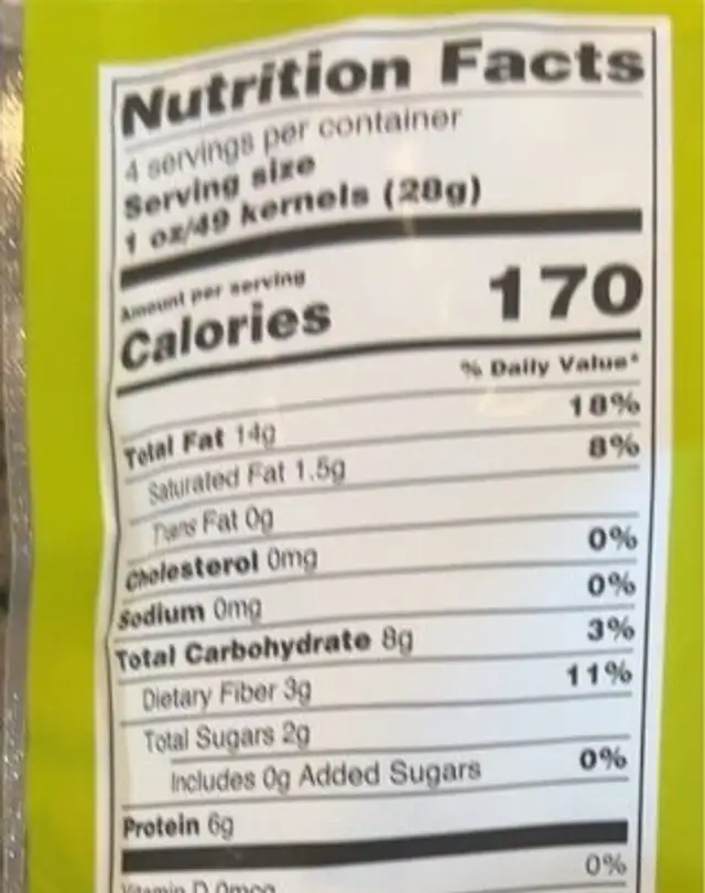 Unsalted Pistachios nutrition facts table