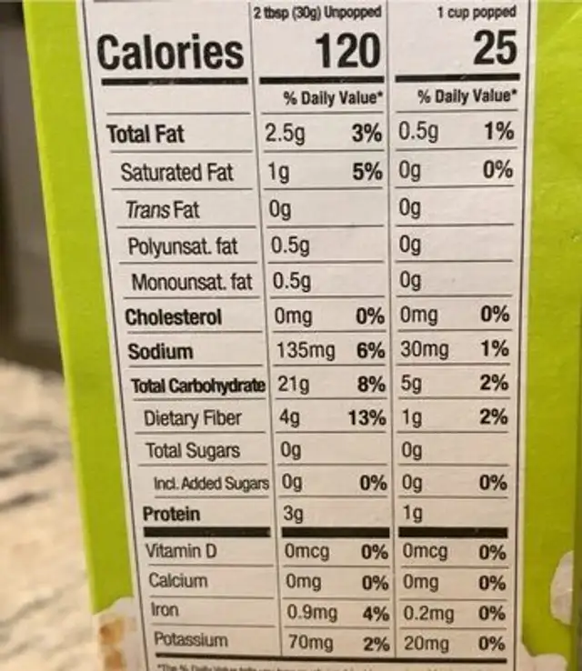 Organic Popcorn nutrition facts table