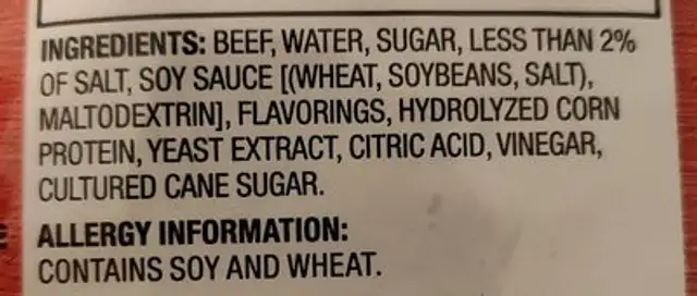 Beef jerky original ingredients label