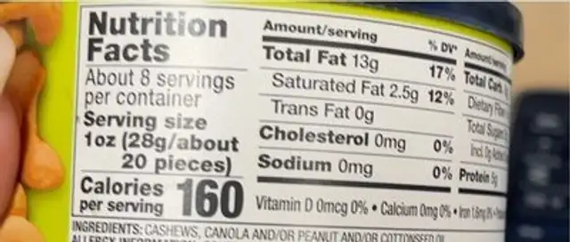 Whole cashews nutrition facts table