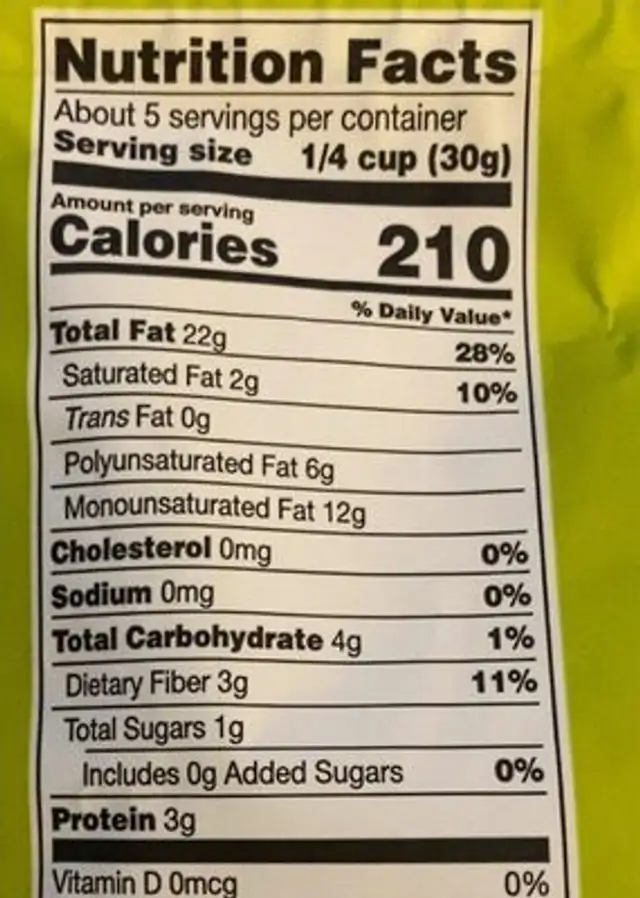 Unsalted Pecan Halves nutrition facts table