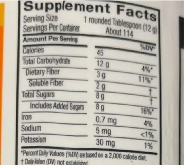 Daily Fiber nutrition facts table
