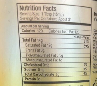 Organic Coconut Oil nutrition facts table