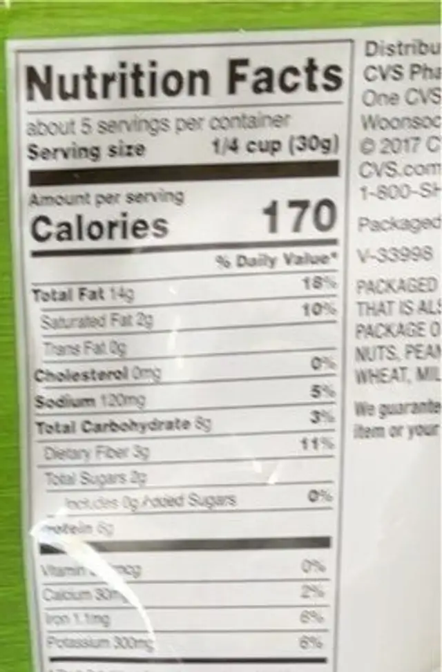 Pistachio Kernals nutrition facts table