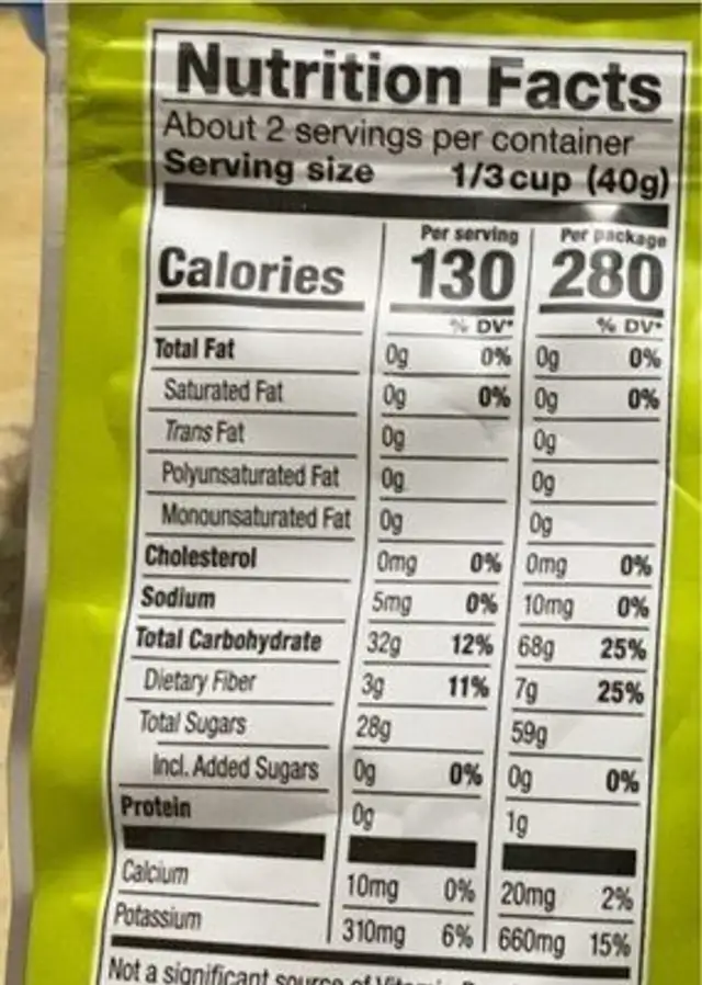 Dried Organic Apples nutrition facts table