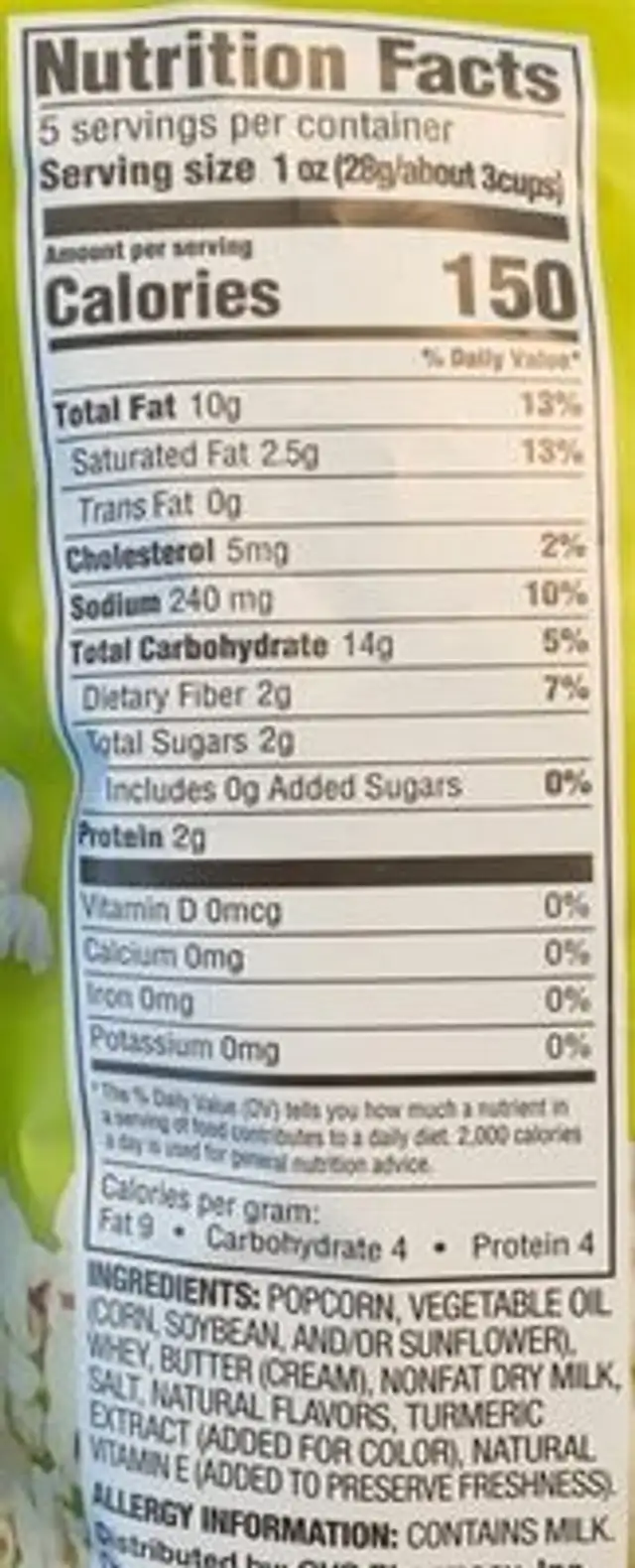 Butter Flavored Heavenly Light Popcorn nutrition facts table