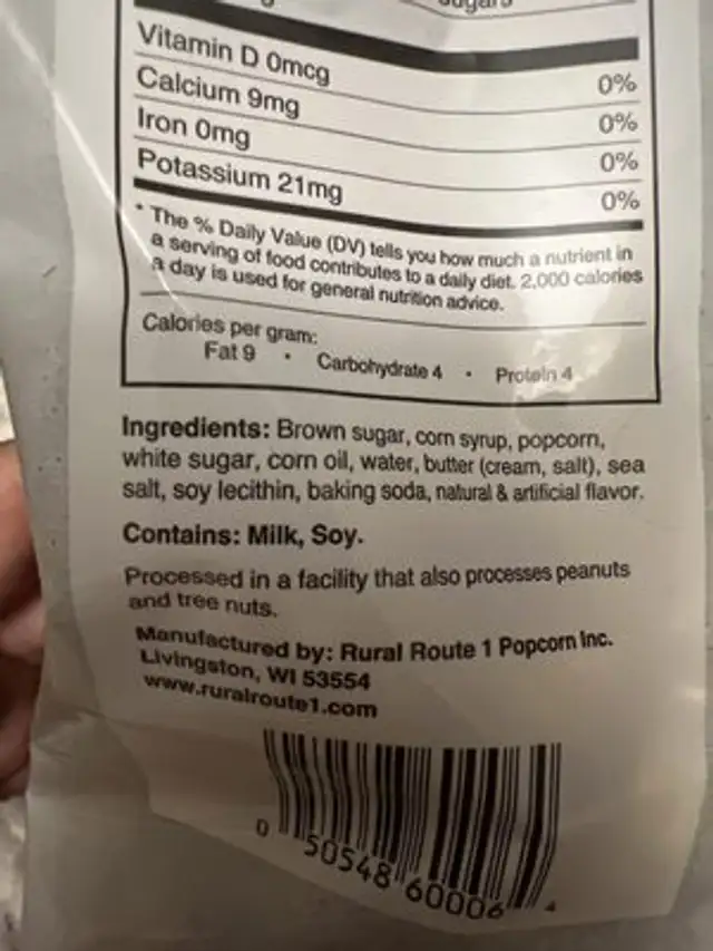 Popcorn ingredients label