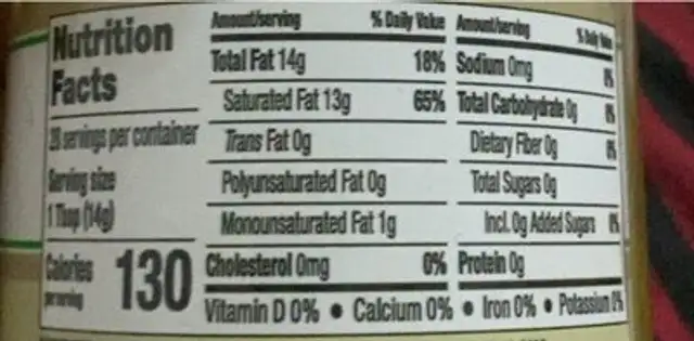 Coconut oil nutrition facts table