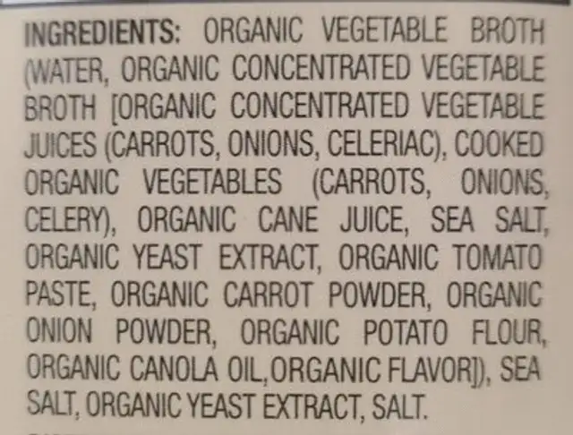 Seven Farms Vegetable Broth ingredients label