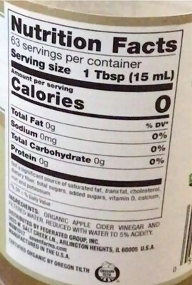 Raw Unfiltered Apple Cider Vinegar nutrition facts table