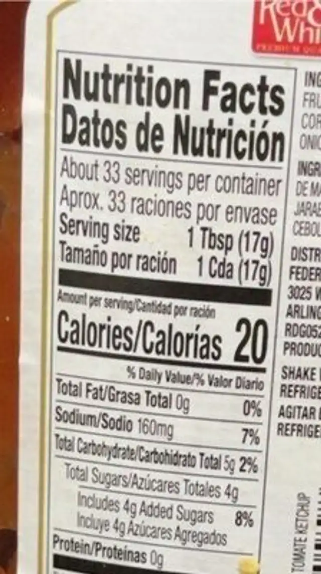 Ketchup nutrition facts table