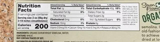 Linguine Macaroni Product nutrition facts table
