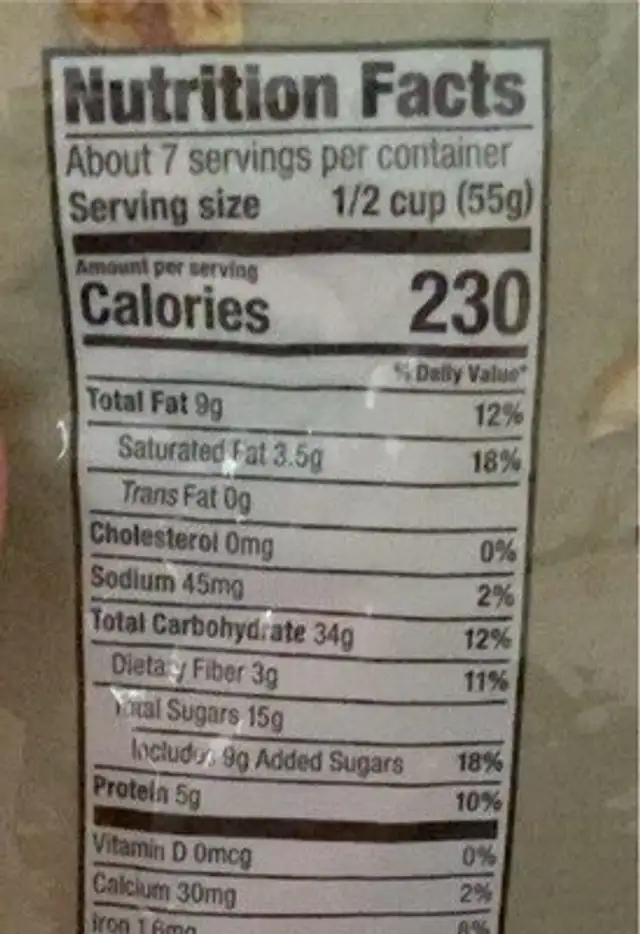 Granola Fruit and Nut nutrition facts table