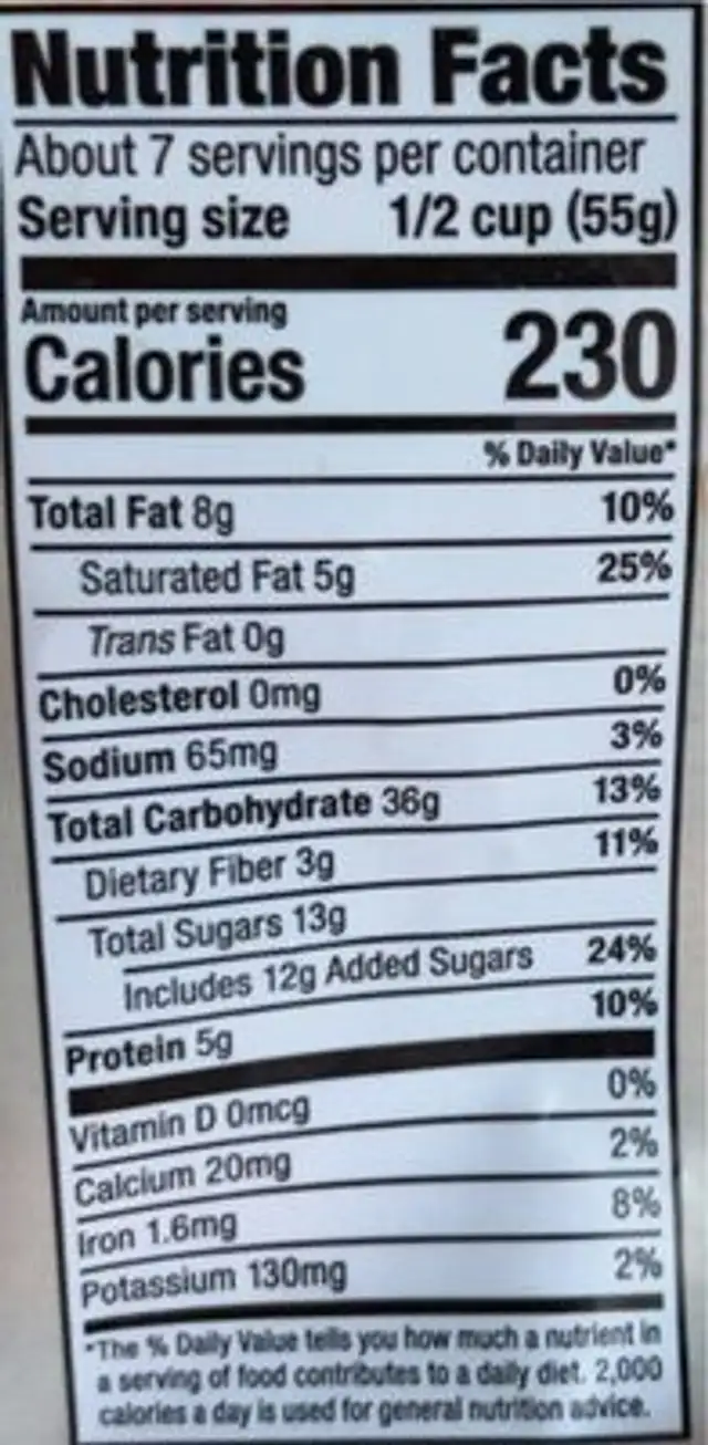 Organic Oats & Honey Granola nutrition facts table