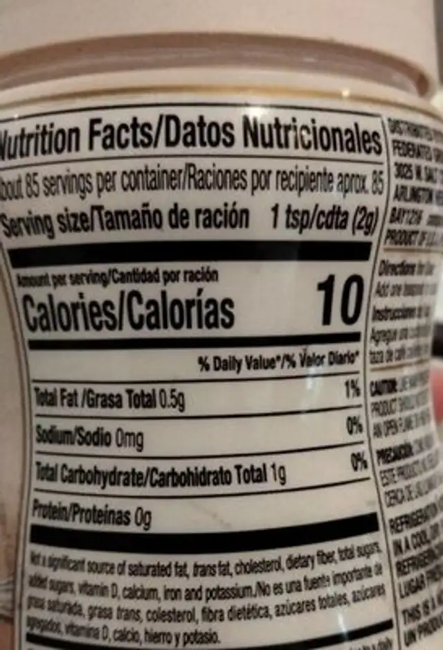 Creamer nutrition facts table