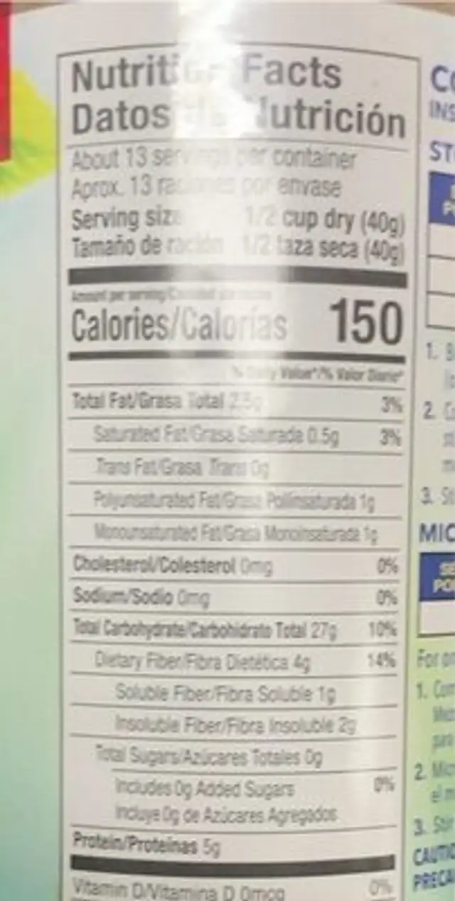 Quick oats nutrition facts table
