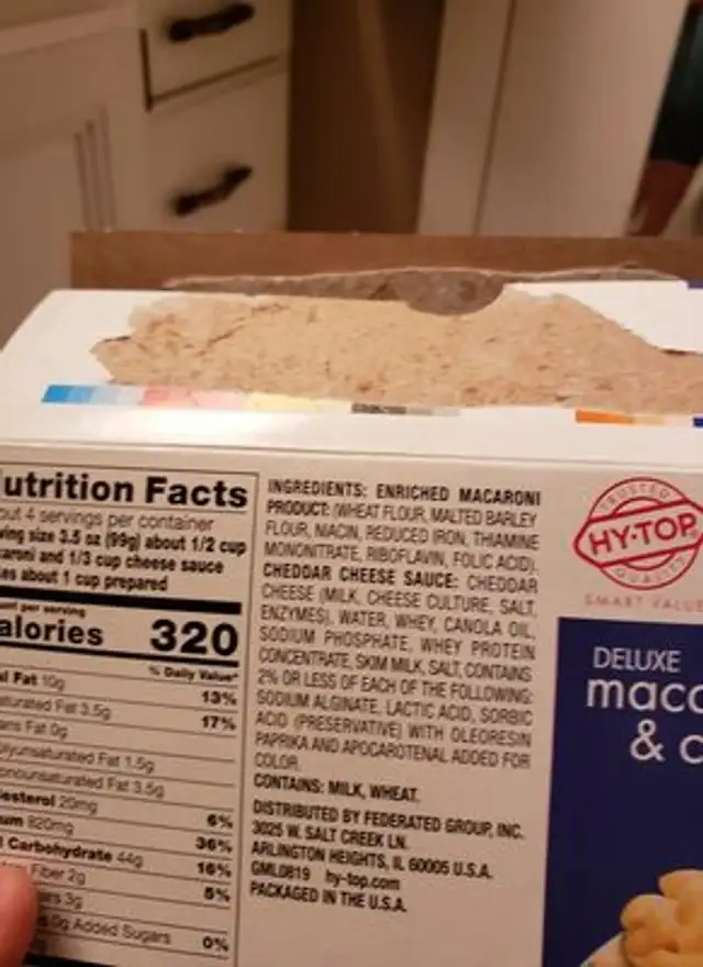 Hy-Top Macaroni & Cheese ingredients label