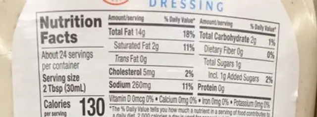 Creamy Ranch dressing nutrition facts table