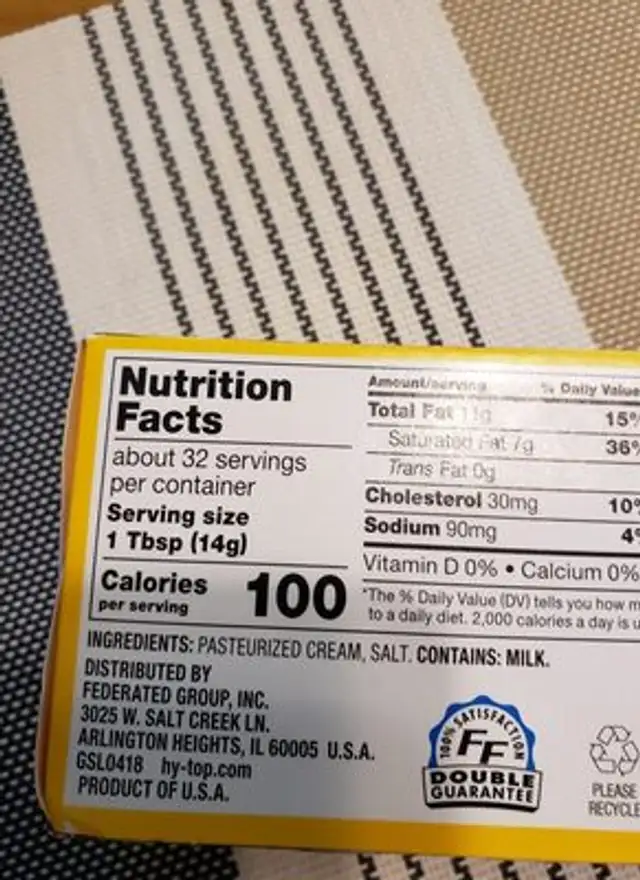 Hy-Top Sweet Cream Butter ingredients label