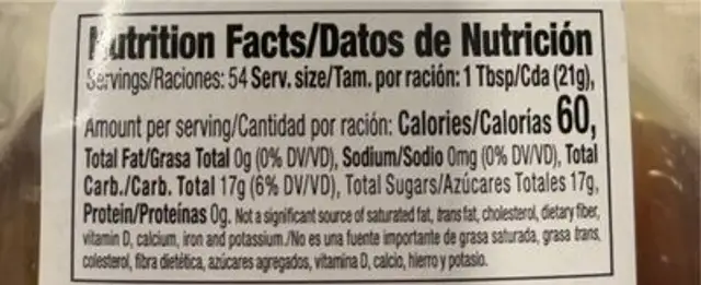 Clover honey nutrition facts table