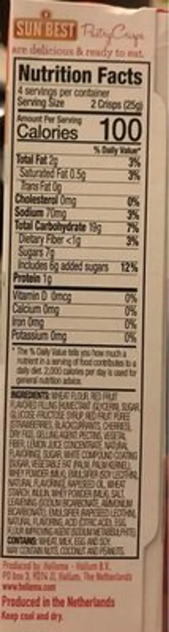 Pastry Crisps nutrition facts table
