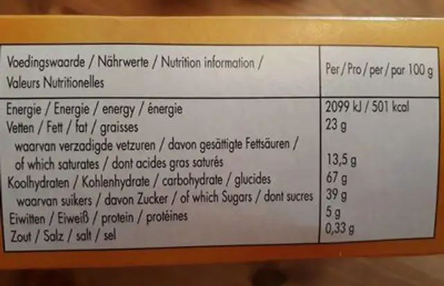Dame Blanche 6 Vanilla Cream nutrition facts table