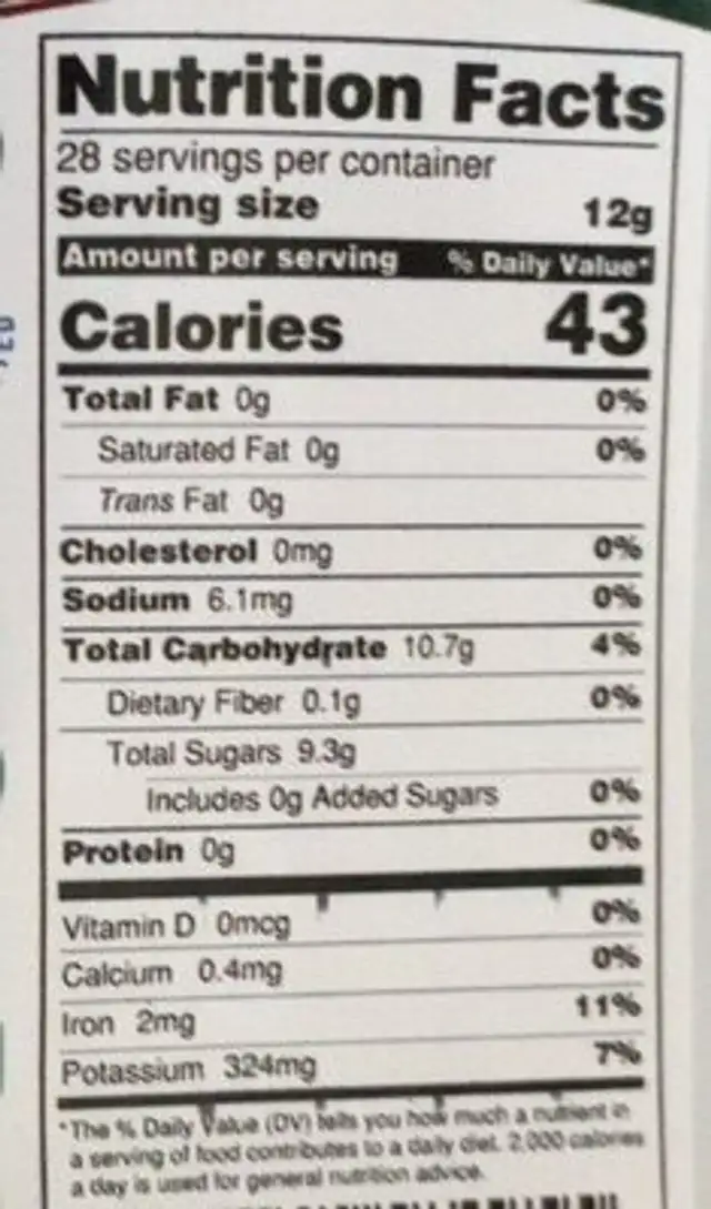 Organic Coconut Water Powder nutrition facts table