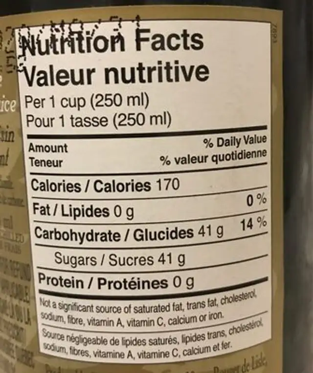 Jus de raisin petillant nutrition facts table